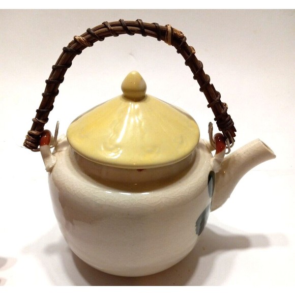 Vintage Stoneware Tea Pot Bamboo Handle Japan Blue Flowers Green Leaves - Picture 9 of 11